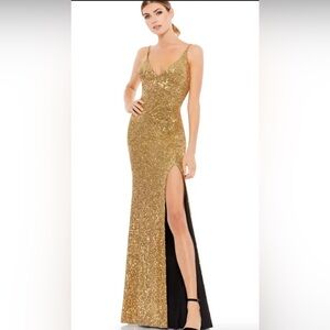 Mac Duggal Embellished Metallic High Slit Gown